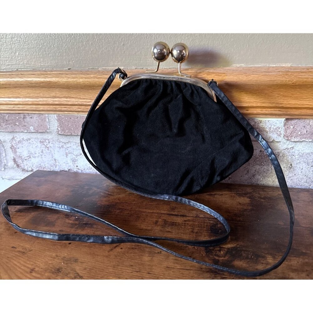 Vintage Made In Italy Black Genuine Leather & Suede Evening Bag With Gold-Tone